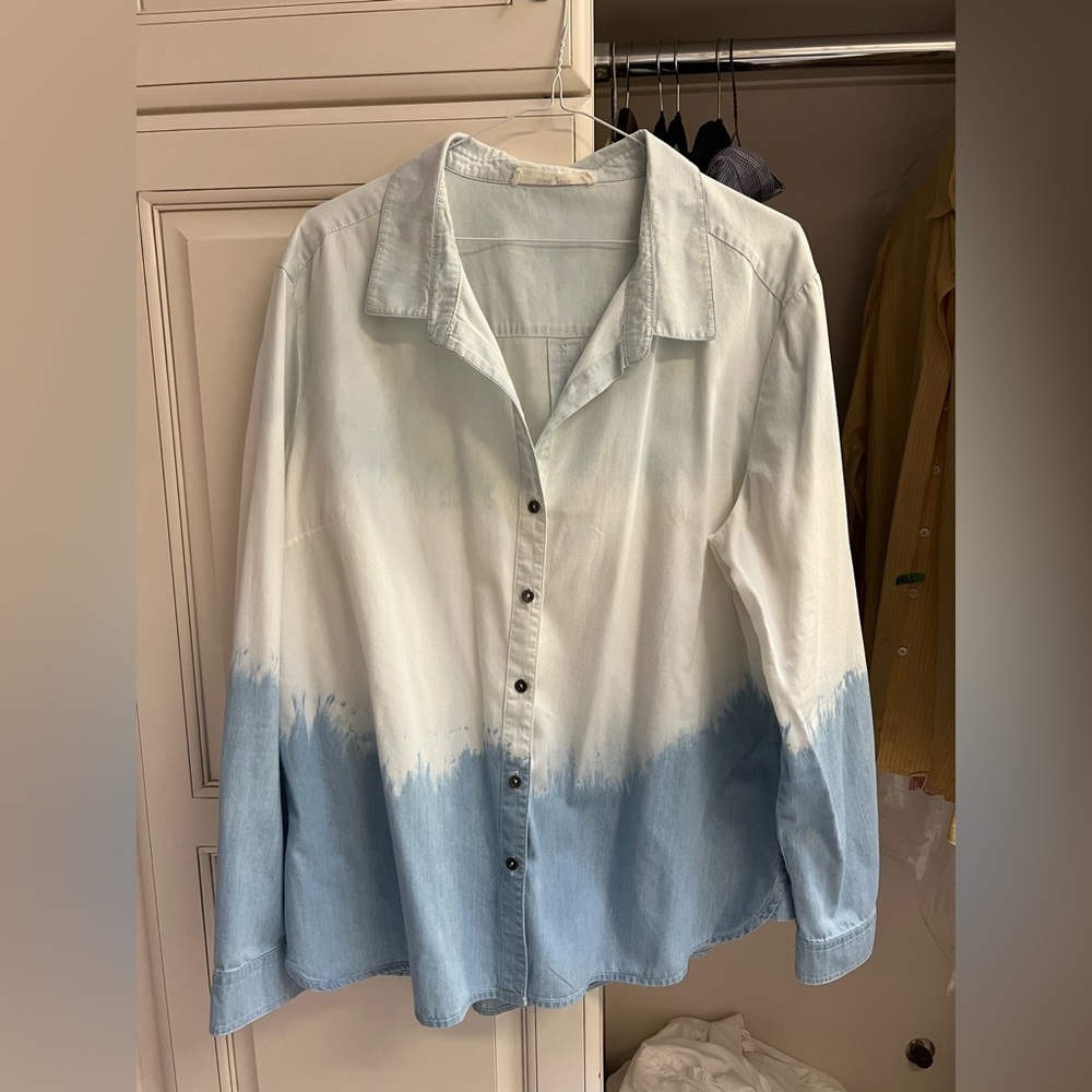 Tribal Jeans Women’s XL Dip Tie Dye Long Sleeve Button Down Shirt Blue White